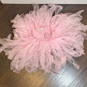 Rare Editions Light Pink Tulle Tutu Dress with Crochet Rose Bodice